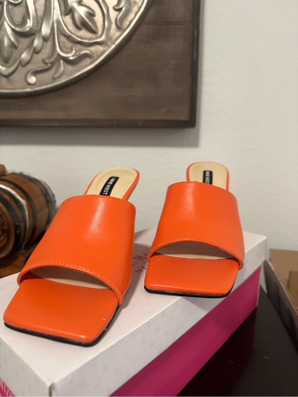 Nine West Bright Orange Open-Toe Slide Mules